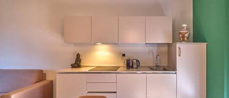 Fridge, microwave, stovetop, coffee/tea maker