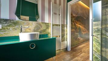 Shower, hair dryer, bidet, towels