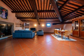 Een ruime woonkamer met een open haard, een blauwe bank, een eettafel met stoelen en een houten plafond.