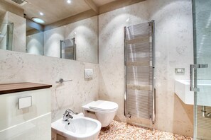 Shower, hair dryer, bidet, towels