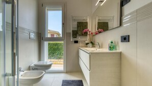 Shower, hair dryer, bidet, towels