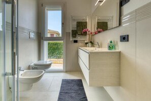 Shower, hair dryer, bidet, towels