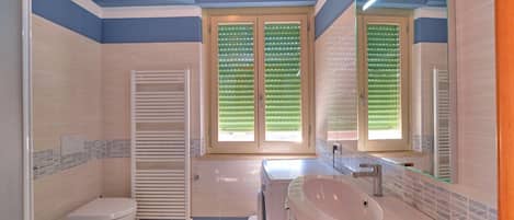 Shower, hair dryer, bidet, towels