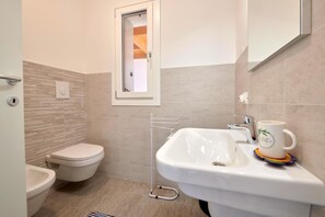 Shower, hair dryer, bidet, towels