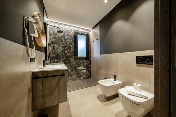 Shower, hair dryer, bidet, towels