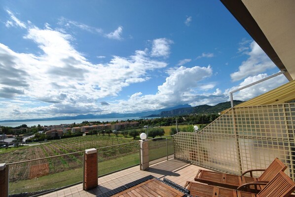 A balcony with a view of a vineyard, a body of water, and mountains in the distance. - ApartmentsGarda - Rosa Chiarè (Bardolino)