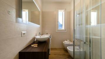 Regadera, secadora de cabello, bidet, toallas