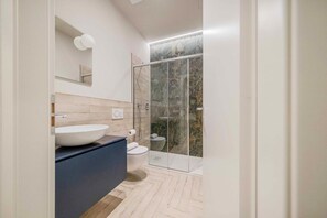 Shower, hair dryer, bidet, towels