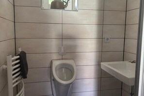 Douche, sèche-cheveux, serviettes fournies, savon