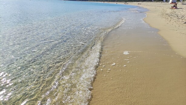 A beach with clear water, a sandy shore, and a mountain in the background.