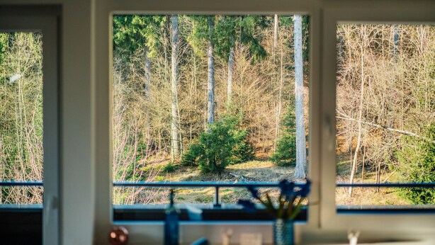 A room with a large window offering a view of a forested area. - Holiday Apartment "Fichte" (Braunlage)