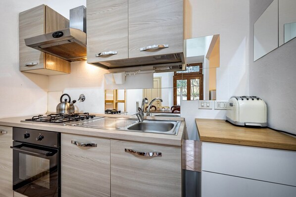 Fridge, oven, stovetop, coffee/tea maker