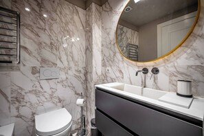 Shower, hair dryer, soap, shampoo