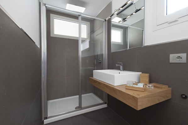 Douche, séchoir à cheveux, serviettes fournies