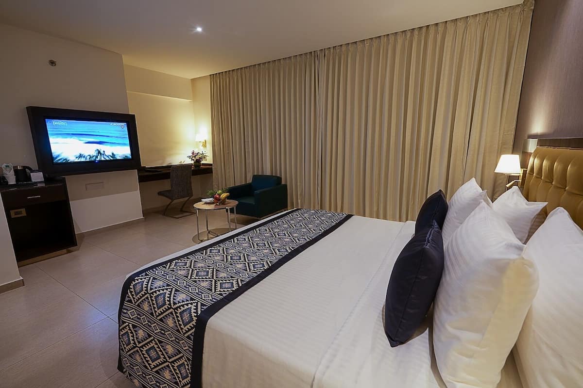 Una habitación de hotel con una cama grande, televisión, escritorio y una silla.