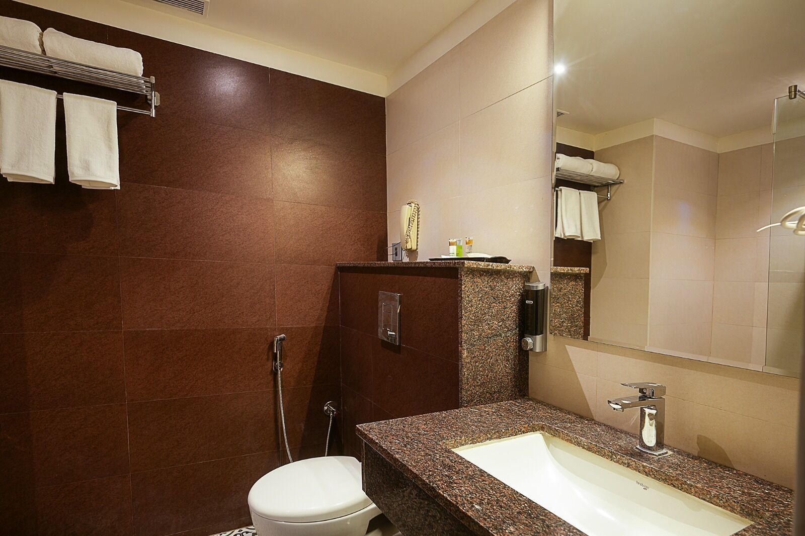 A modern bathroom with a marble sink, a toilet, and a shower area.