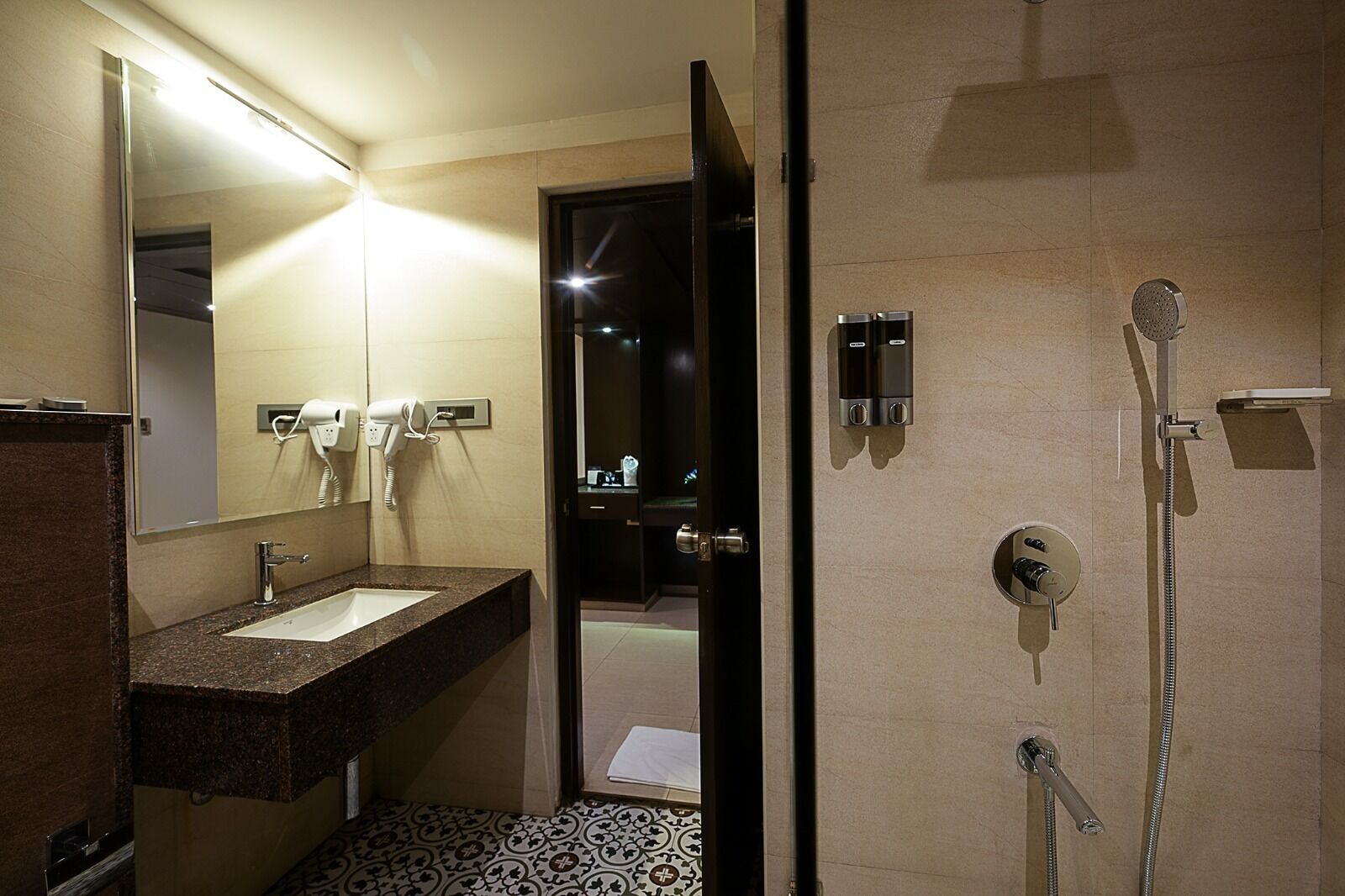 Shower, rainfall showerhead, hair dryer, slippers