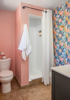 Douche, sèche-cheveux, serviettes fournies