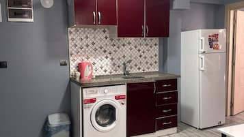 Familie suite | Privékeuken | Een koelkast met diepvriezer, een kookplaat, kookgerei, borden en bestek