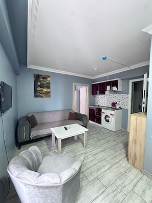 Um espaço de estar compacto com sofá, mesa pequena, cadeira, máquina de lavar e cozinha.