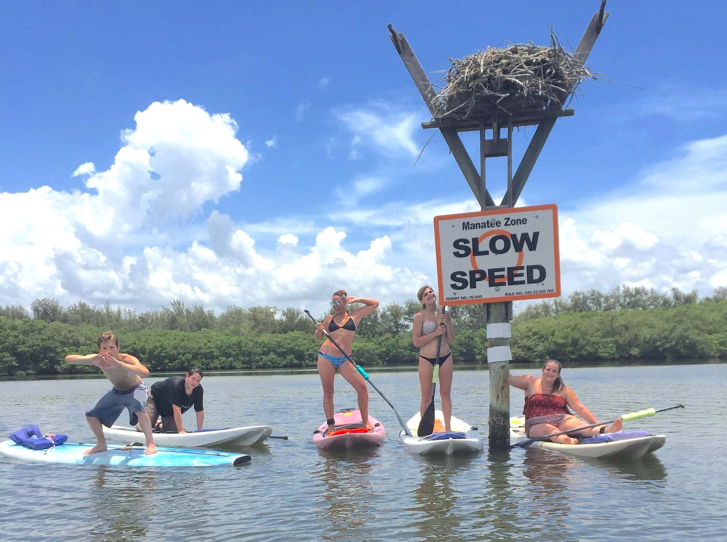 Actividad de paddleboarding con un letrero que indica una zona de manatíes y una norma de velocidad reducida.