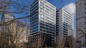 Un edificio moderno con fachada de vidrio, rodeado de árboles y coches estacionados.