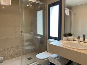 Shower, hair dryer, towels