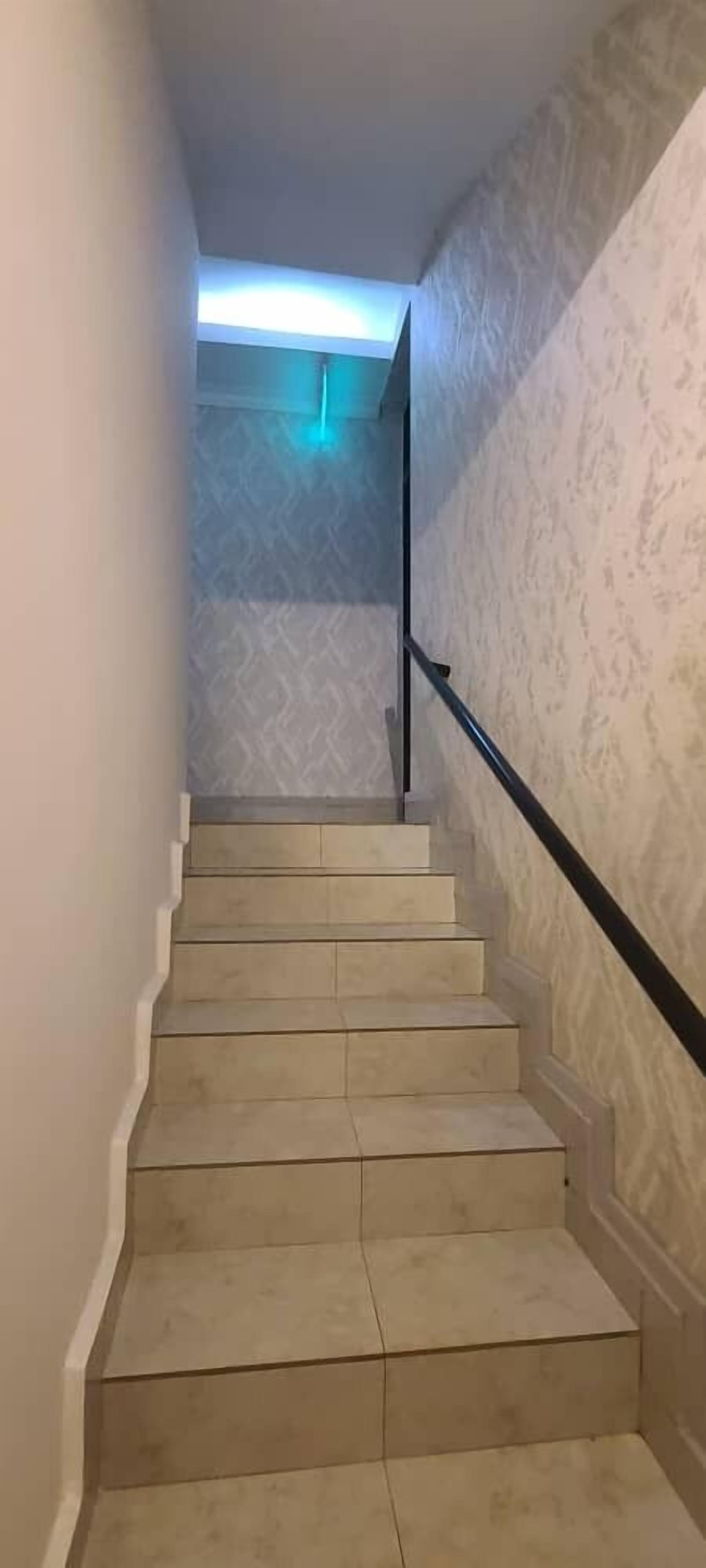 Una escalera con escalones color beige y barandilla negra, que conduce a una habitación con papel tapiz estampado.