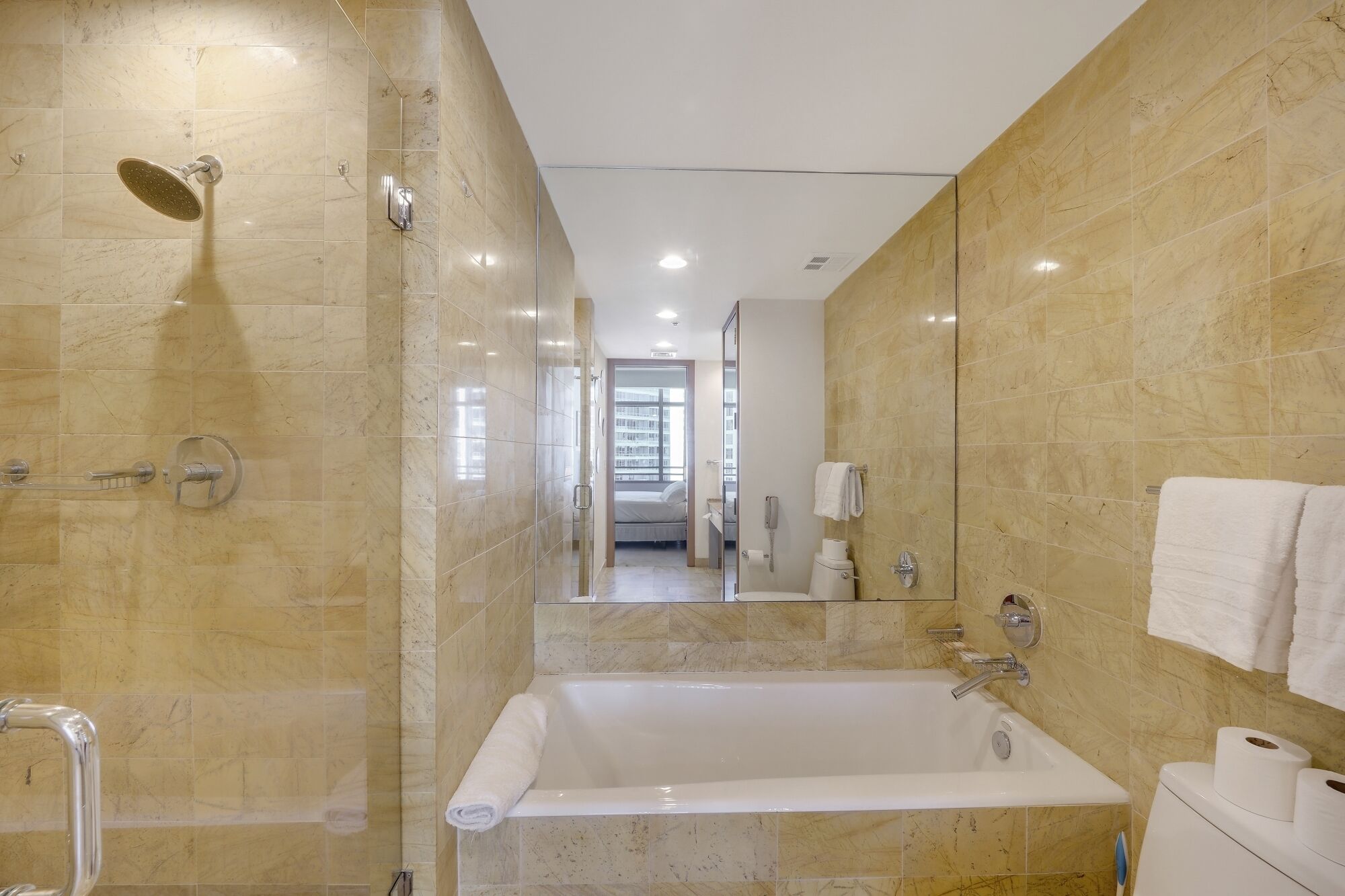 A modern bathroom with a bathtub, shower, and toilet.