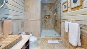 Shower, hair dryer, towels, soap - AQM Beachfront Gem 2BR - Breathtaking Ocean Views
 (Punta Cana)
