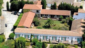 Vista aérea de una propiedad con varias construcciones, incluyendo una estructura central grande con techo de tejas, rodeada de edificios más pequeños y un jardín ajardinado con una palmera.