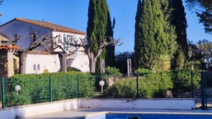 Una piscina con borde de azulejos, rodeada por una valla verde y un seto.
