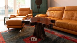 A living room with a brown leather sofa, a matching armchair, and a coffee table made from a tree stump.