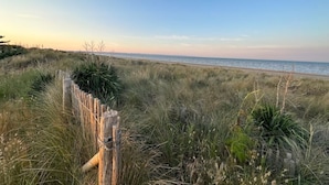 A beach with a wooden fence and grassy dunes.