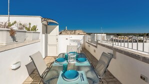 Eine Dachterrasse mit Tisch für vier Personen, einem Stuhl und einer Sukkulente.