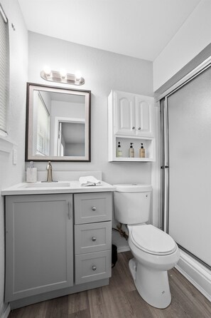 Dusch, hårtork och handdukar