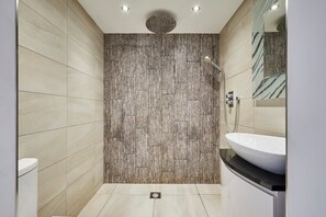 Shower, hair dryer, towels