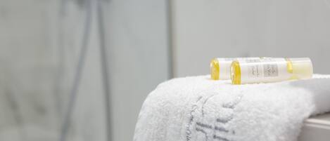 Hair dryer, towels, soap, toilet paper