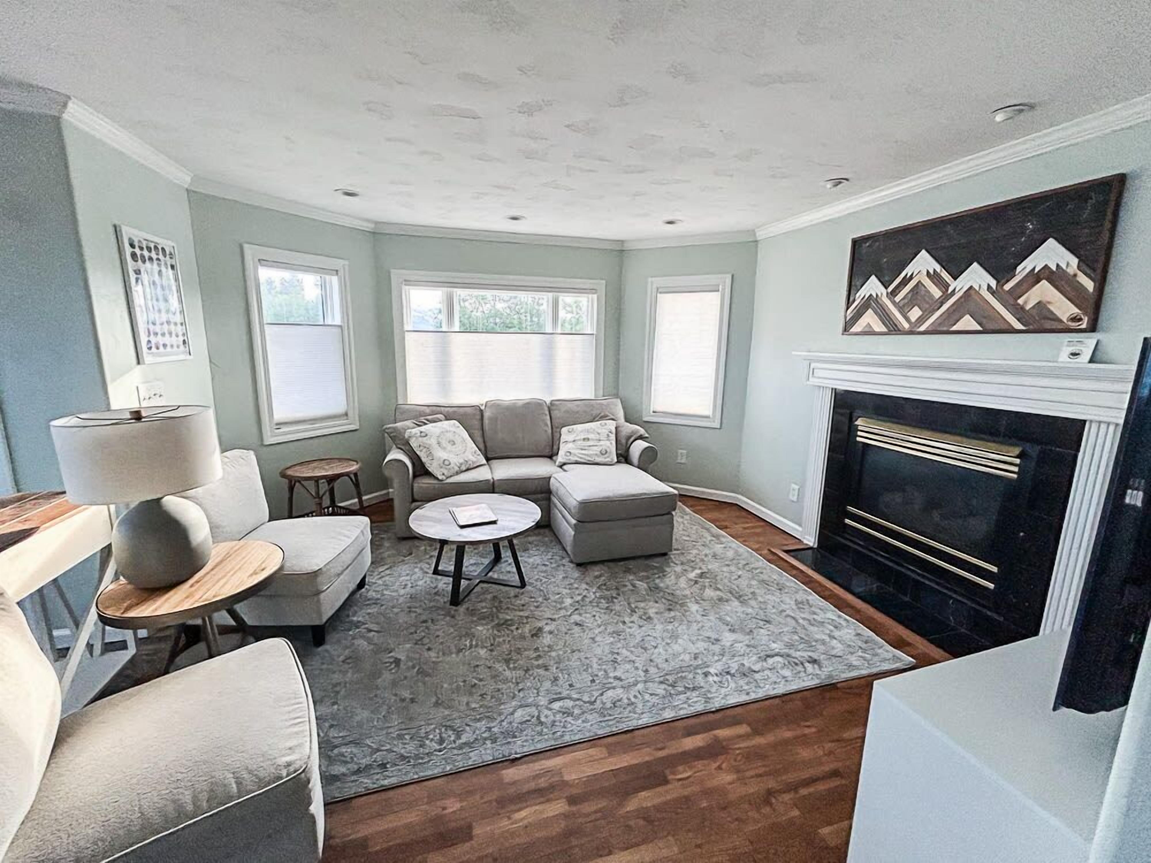 TV, fireplace, books, offices