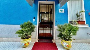 A blue building with a red carpet leading to a door with a metal gate. There are two potted plants on either side of the entrance. - Hotel Guidi (Mestre)