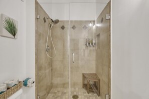 Shower, hair dryer, towels