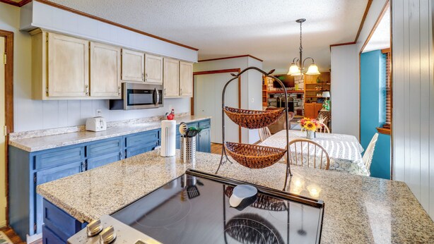 A kitchen with granite countertops, white cabinets, a microwave, and a hanging chair. - Fairfield Bay Getaway < 10 Mi to Boating & Hiking (Fairfield Bay)
