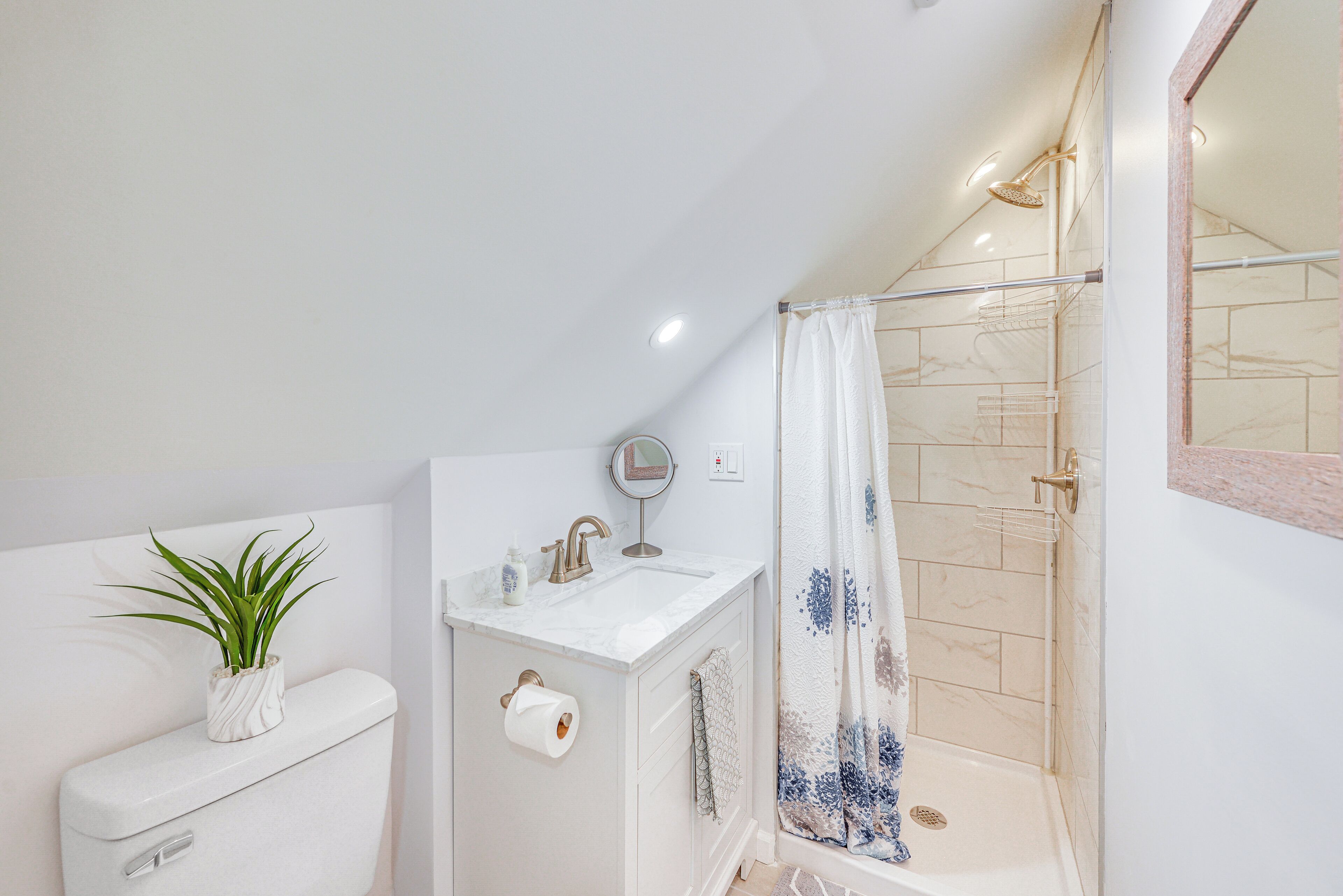 A bathroom with a toilet, sink, shower, and a potted plant.