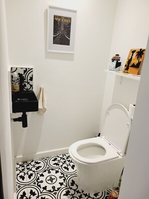 Hair dryer, towels, soap, toilet paper