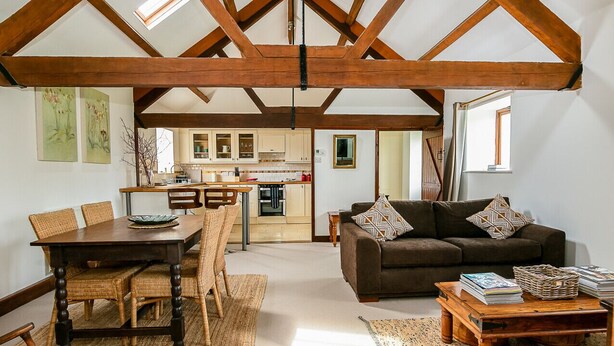 A spacious living area with a wooden ceiling, a dining table with chairs, a sofa with cushions, and a coffee table.
