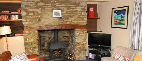 Fernseher, Kamin, DVD-Player