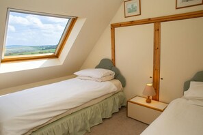 Enjoy a countryside view from the skylight above, with a single bed and bedside table nearby.