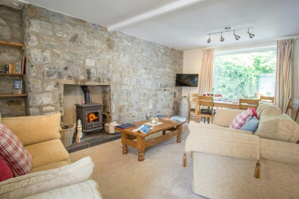A cozy living room with a stone wall, a fireplace, a television, and comfortable seating. - Ellesmere, New Quay - Three Bedroom Cottage, Sleeps 5 (New Quay)