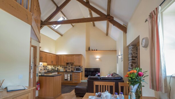 A spacious loft with a kitchen, dining area, and living space. - Eirlys, Aberystwyth - Two Bedroom Cottage, Sleeps 4 (Llanrhystud)