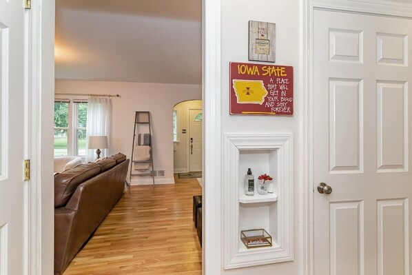A hallway with a brown leather couch, wooden flooring, and a white door.